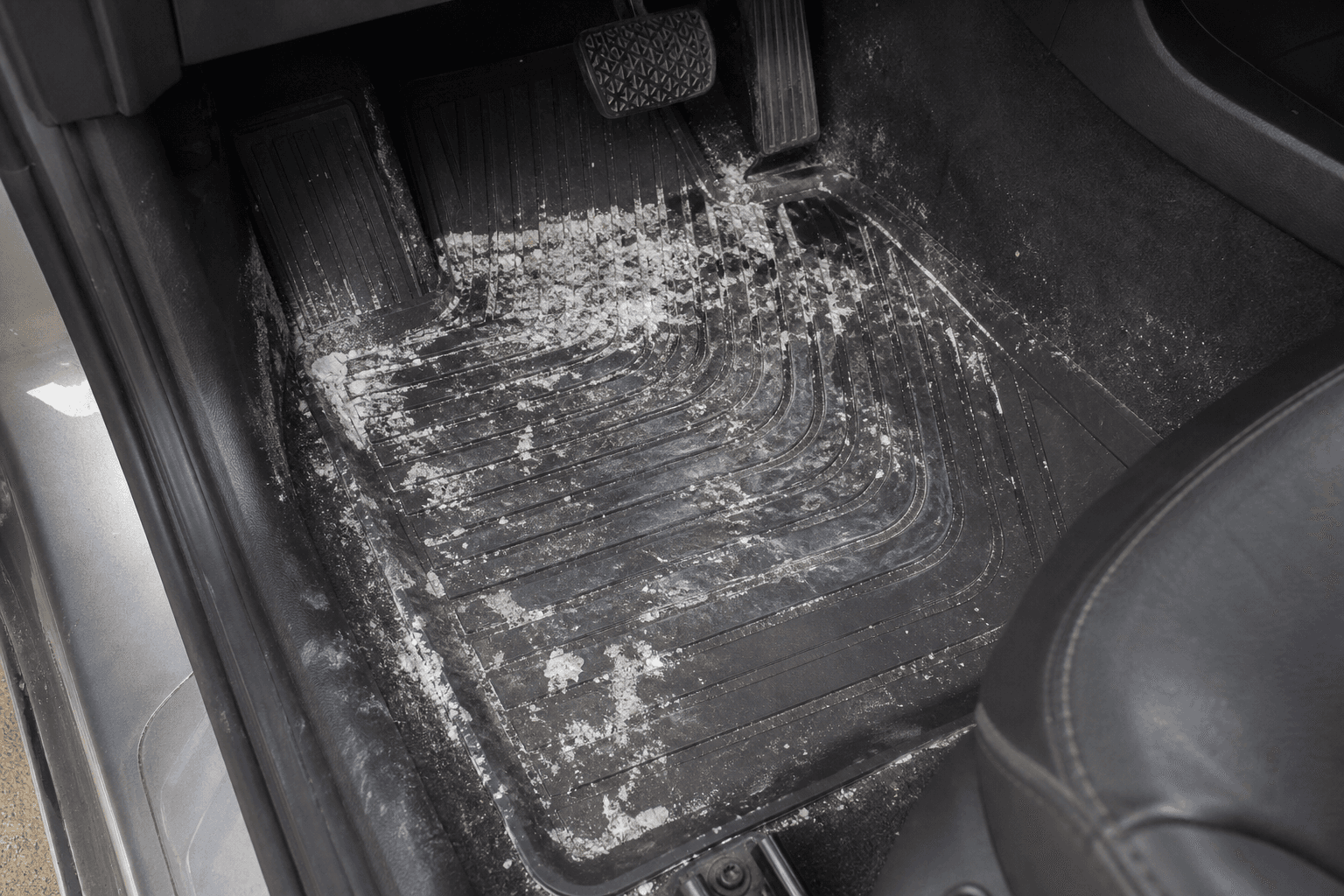 Before interior car detailing — salt-stained winter floor mats