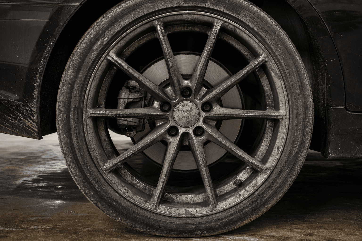 Before wheel cleaning — brake dust buildup on alloy rim